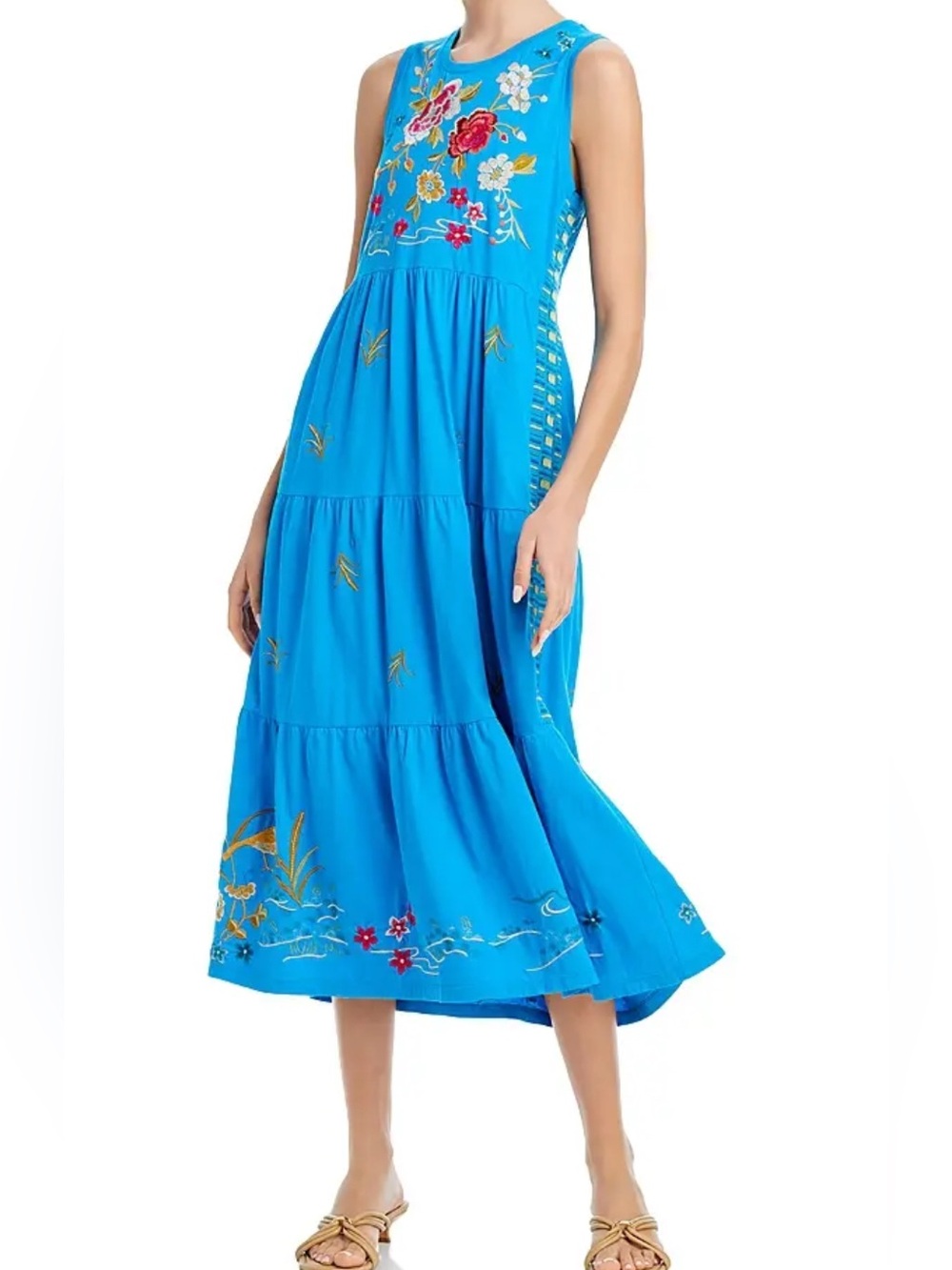 Johnny Was Celina Tiered Maxi Tank Blue Embroidered Cotton Dress Size Small NEW
